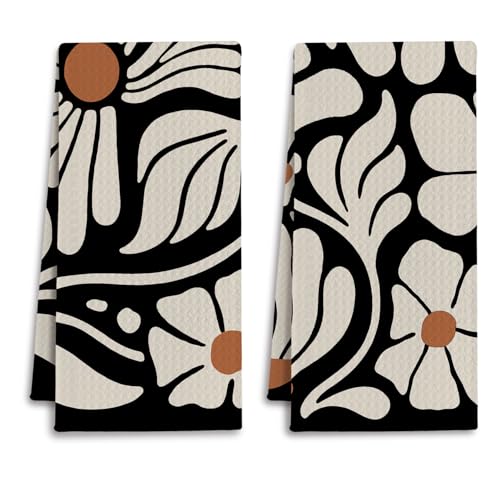 IRTAGANNY Black and Beige Boho Floral Kitchen Towels, Abstract Minimalist Flower Dish Tea Towels for Kitchen Decor, Mid Century Modern Botanical Decorative Hand Towel, 16x24 Inches Set of 2