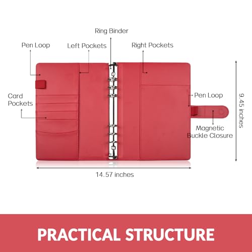 Image of Sooez A5 Notebook Photocard Binder, 6 Ring Planner, Stylish Loose Leaf Personal Organizer Cover with Magnetic Buckle, PU Leather Binder Women with Macaron Colors (Red)