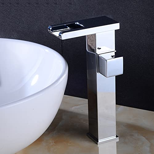 Grifo de baño Cascada con luz LED, Grifo mezclador para lavabo de latón frío y caliente, Caño de cascada que cambia de 3 colores, Mezclador de lavabo en cascada de una manija con 1 orificio, corto