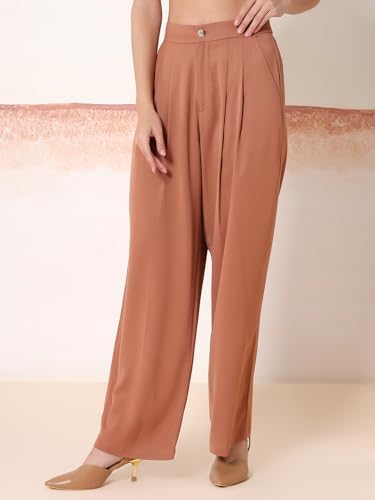 Image of KOTTY Womens Solid Button Brown Wood Casual Pants
