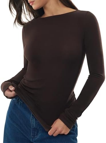 Women's Merino Wool Blend Shirts Boat Neck Long Sleeve Tops Fitted Basic Tee ...