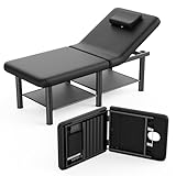 Folding Stationary Massage Table with Backrest and Storage Space, 6 Round Legs Metal Frame PU Leather, 30.5'' Wide × 75'' Long for Treatment Table Physical Therapy Table Spa Facial Bed, Black