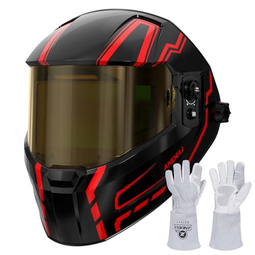 Image of ANDELI Welding Helmet - Panoramic 180° View 4.53"X3.23",1/1/1/2 True Color Solar Powered Welder Hood，Wide Shade Welder Mask for TIG MIG ARC Cut and Grind，OPTIM-600LB-TGB with Welding Gloves