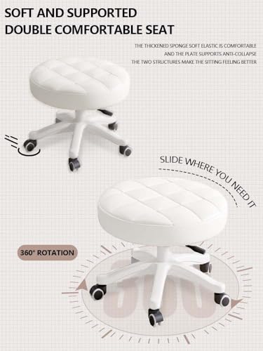 Image of Small Chair Round Rolling Stool with Wheels PU Leather Height Adjustable Swivel Drafting Work SPA Salon Stools Home Office Chair