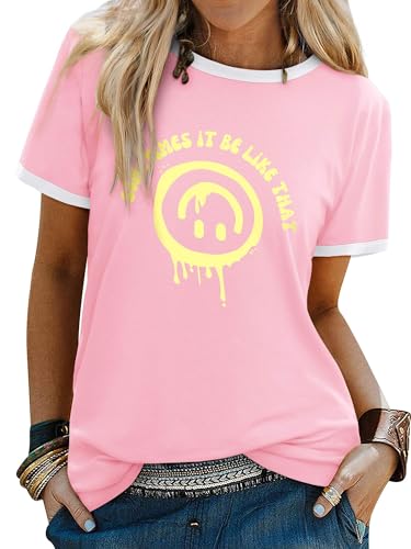 Image of WIEIYM T Shirt Women Crew Neck T-Shirts Summer Tee Smile Graphic Slogan Tshirt Something It Be Like that Unisex Basic Tops