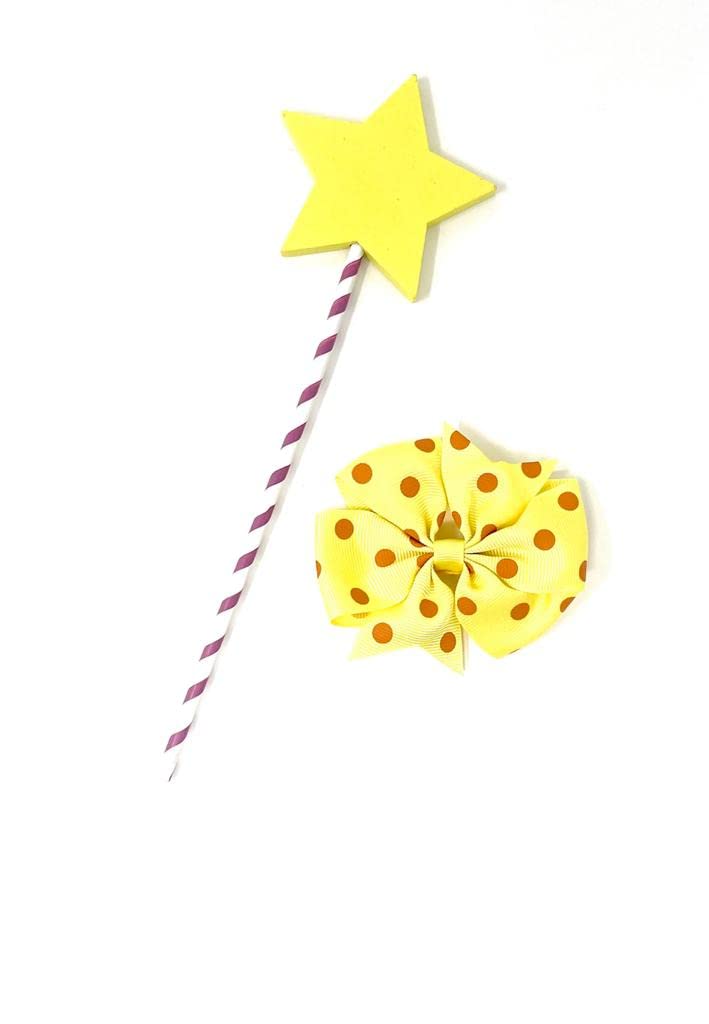 Room on The Broom Inspired Yellow and Red Spot Hair Clip with Witches Wand Yellow Star Wand with Striped Handle World Book Day Accessories Magical Dress-Up Duo