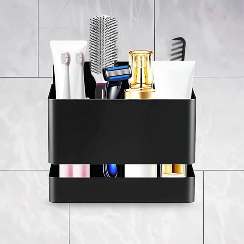 Aluminum Toothbrush Holders for Bathroom, Two slot Holder Self-adhesive Hanging Bracket with Drain, Holes Holder Stainless Steel Black for Toothbrush, Toothpaste, Razor Bathroom Accessories