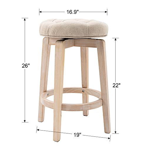 Chairus 26" Swivel Counter Height Stool, Upholstered Round Bar Stool With Tufted Button & Distressed Wood Legs - Beige Set Of 2 #TOP2