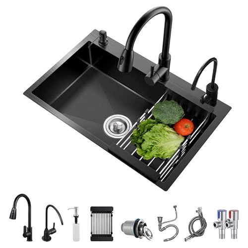 Fregadero de cocina 1 Seno Con Escurridor,Fregadero Cocina Acero Inoxidable Negro, Mueble Fregadero Con Dispensador De Jabón for Baño, Viajes En Caravana (50 * 45 * 20cm)
