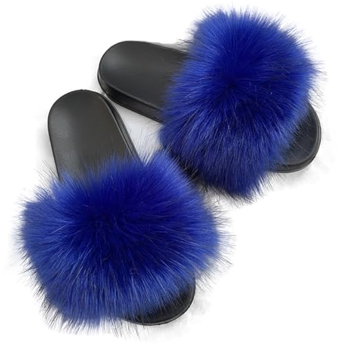 Women's Faux Fur Slides Fluffy Furry Open Toe Slippers Fuzzy Non-Slip Outdoor Sandals