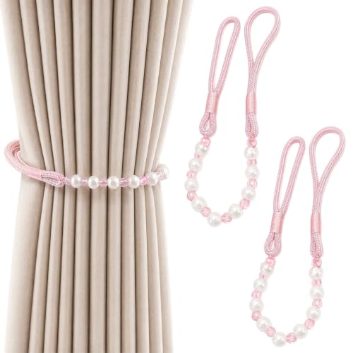 Image of 2 Pcs Curtain Tie Backs, Artificial Pearl Bead Pink Curtain Tiebacks, 50cm Decorative Window Drapery Holdbacks Rope for Home Bedroom Office