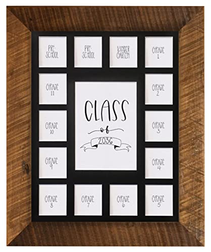 Image of Rustic Red Door Co. School Years Reclaimed Wood Picture Frame with Mat - 11x14 Wooden Framed 15 Photo Collage Mat Pre-School & Kindergarten to 12th Grade High School Graduation (Class of 2036, Black)