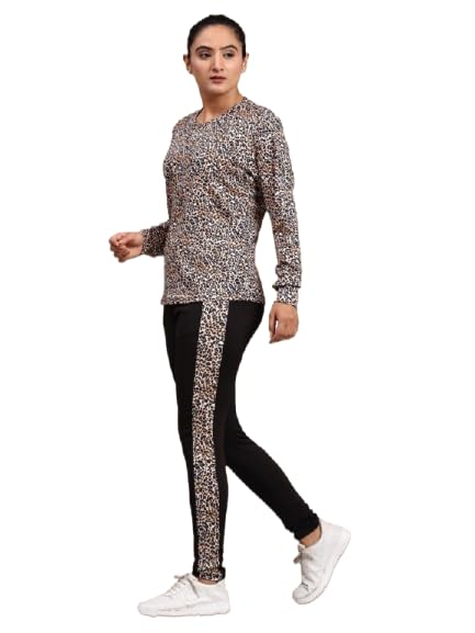 Women's Animal Print Co-ord Set | Full Sleeve Round Neck Top with Leopard Print and Slim Fit Bottoms with Printed Side Panel | Trendy Casual Wear, Lounge Wear & Travel Outfit Tracksuit 2