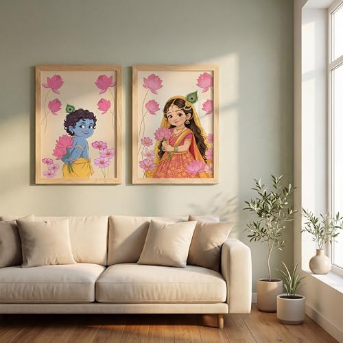 Image of Suneree Baby Krishna Radha Wall Art Painting | Set of 2 Framed Paintings | Radha Krishna Decor for Living Room Bedroom Pooja Room | (ART 11, 10x13 INCHES)