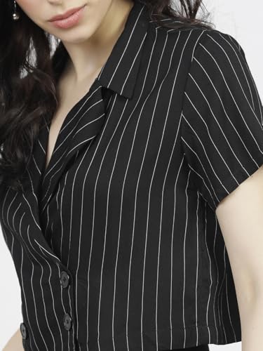 Image of Tokyo Talkies Women's Striped Double-Breasted Rayon Regular Fit Crop Top | Short Sleeves | Chic & Trendy| Women Tops | Stylish Top