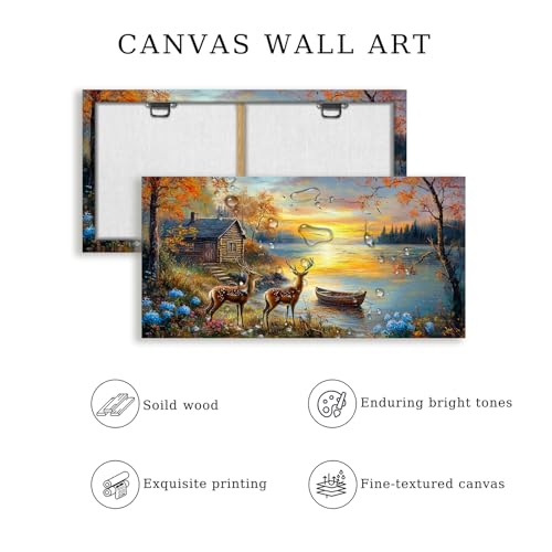crmotu Rustic Deer Landscape Wall Art, Lake Cottage Pastoral Large Artwork, Nature Autumn Scenery Canvas Prints, Rural Sunset Wall Pictures for Living Room Bedroom Farmhouse Bathroom Decor 24X48 In