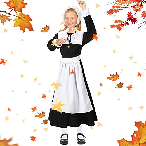 4 Pcs Pilgrim Costume Kit For Girls Colonial Girls Costume Dress Cosplay Costumes Halloween Pilgrim Girls Costume (Black, Medium) #TOP5