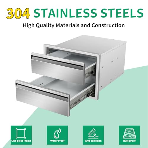 Image of Outdoor Kitchen Drawers 18 inch W x 13 inch H x 21 inch D Stainless Steel Double Drawers with Hidden Handle for BBQ Island, Patio Grill Station & Outdoor Kitchen Cabinets