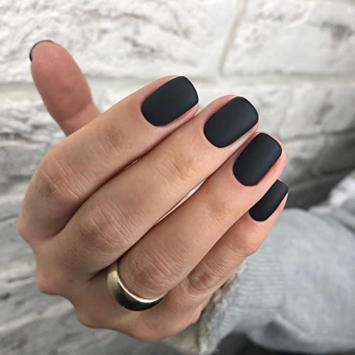 Matte Black Press on Nails Short,KAueenest Acrylic Nails Press on with Solid Color Classic Fake Nails Set for Women Girls Daily Routine in 24PCS