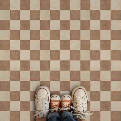Alwayspon 12x12inchx10Pcs Peel and Stick Floor Tiles, Waterproof Non-Slip Vinyl Plank Flooring Tile Sticker for Bathroom Kitchen Bedroom Renter Friendly Floor Decor, Beige Brown Checkerboard