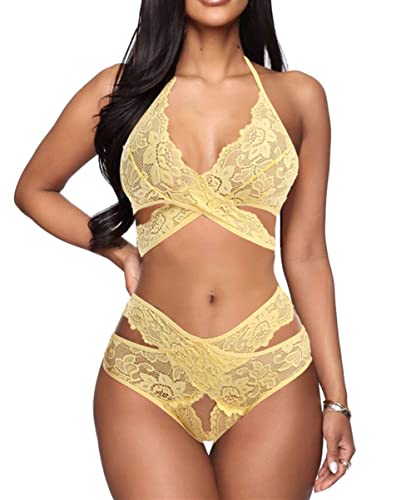Donnalla Sexy Dessous-Set für Damen, zweiteiliger Spitzen-BH und Höschen, Bralette, Nachtwäsche - Gelb - XX-Large