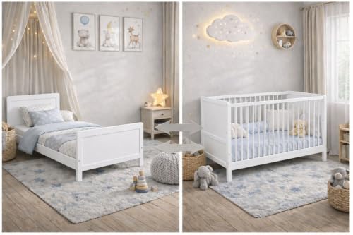 Baby Happy Bliss Nelly Babybett 120x60 cm – Umbaubar zum Juniorbett – Massives Buchenholz – Höhenverstellbar – 3 Schlupfsprossen – EN 716 – Weiß