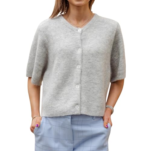 Women Knitted Crop Cardigan Shirt Y2k Short Sleeve Cardigan Button Up Rib Knit Elegant Loose Fit Sweater Tops
