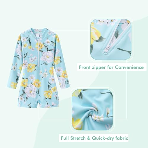 Image of Girls One Piece Swimsuits for Girls Long Sleeve Bathing Suit Sun Protection Rash Guard with Front Zipper 3-16 Years