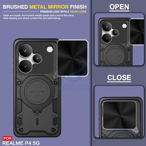 Image of AESTMO Tough Armor Realme P4 5G Bumper Back Case Cover | Ring Holder & Sliding Camera Shield Cover | 360 Degree Protection Back Case Cover for Realme P4 5G (D20 Black)