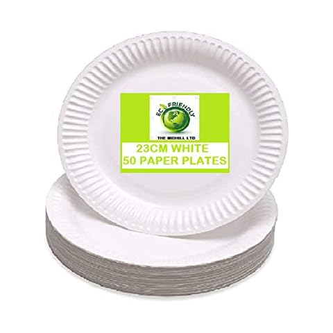 MIDHILL 50 ECO Friendly Disposable 23CM 9 INCH Paper Plates Strong Durable 100% Recycle HOT/Cold Foods Indoor Outdoor Parties BBQ Birthday Parties Any Party Occasions Cover