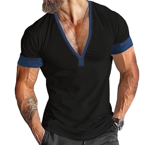 Men Casual Color Block Pullover Top Classic Thin Sport V-Neck T-Shirt Summer Moisture Wicking Outdoor Jogging Shirt (Black,X-Large)