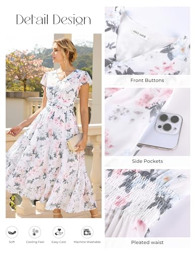 GRACE KARIN Women Summer Dress,Maxi Floral Dresses,V Neck Wedding Guest Flowy Dress 2026 White with Pink Blue Flowers XL — view 3