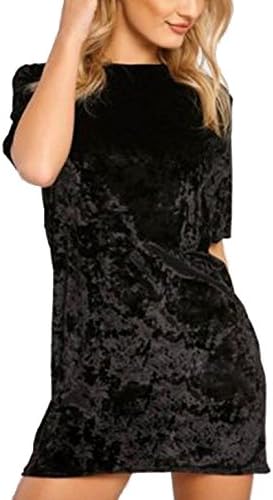 R.Vivimos Women's Summer Short Sleeve Crushed Velvet Mini Short Dresses (Small, Black)