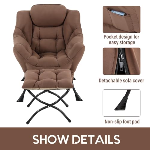 Image of LITA Lazy Chair with Ottoman, Modern Accent Leisure Upholstered Sofa Chair, Contemporary Lounge Reading Chairs with Armrests and a Side Pocket for Living Room, Bedroom & Small Space, Dark Brown