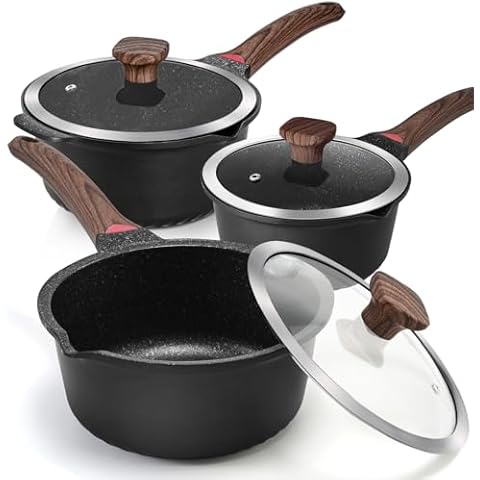 VINCHEF Sauce Pan Set with Lid 6PCS, 2QT+3QT+4QT Non Stick Sauce Pots Cooking Induction Pot set, Silicone Tools and Pot Protectors, PFAS and PFOA Free Black Cover