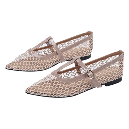 Womens Fishnet Pointed Toe T-Strap Ballet Flats Comfortable Lightweight Mesh Adjustable Ankle Strap Buckle Mary Janes for Casual Daily Office