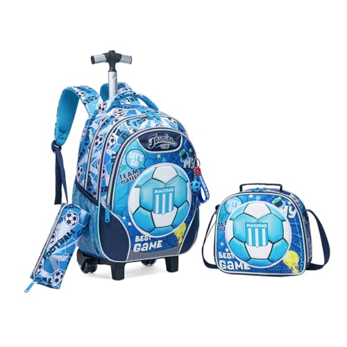 CUTBLAJAT Mochila Escolar com Rodinhas, Lancheira e Estojo, Azul, Tema Futebol, Conjunto 3 Peças