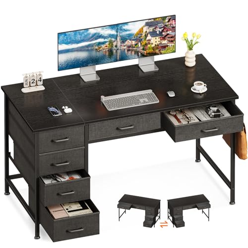 Image of ODK Computer Desk with 6 Drawers, 48 Inch Office Desk with Storage, Reversible Desk with Headphone Hook for Home Office, Work Study Table for Bedroom, Black