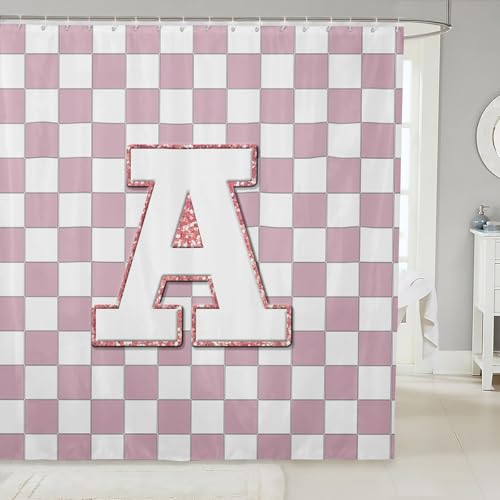 Image of Erosebridal Pink Initial A Bathroom Accessories Kawaii Plaid Checkered Shower Curtain Cute Personalized Monogram Bathroom Curtain for Kids Girls 72 inch Wx72 L Fashion Grids Gingham Shower Decor