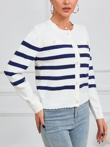 Women's Crew Neck Striped Cardigan Sweater Button Down Sweater3