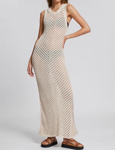 Bsubseach Women Crochet Swimsuit Cover Up Sleeveless Hollow Out Long Swim Coverup Beach Dress2