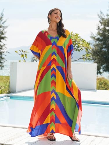 Image of IMAGEKOPE Women's Plus Size Loose Fit Moroccan Print V-Neck Batwing Kaftan Beach Dress Bathing Suit Cover Up