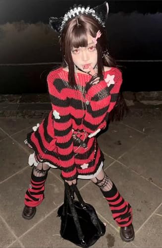 Image of Goth Y2K Striped Sweater Grunge Ripped Punk Gothic Sweaters for Women