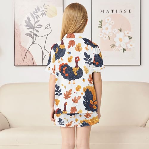 Satin Pajama Sets Short Sleeve Turkey Leaves Autumn Pattern Button Down Silky Nightwear 2 Piece PJS 5-14Y4