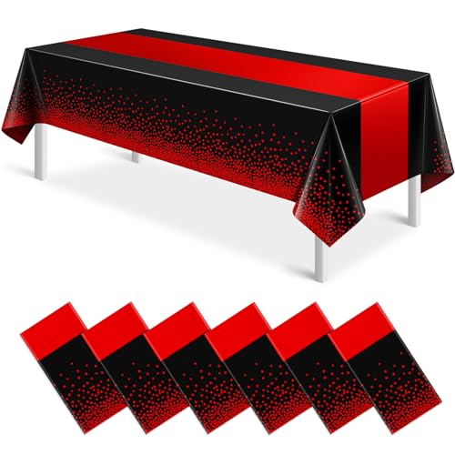 Image of MASHAN 6Pcs Black and Red Tablecloth Party Decorations,Plastic Black Table Cloth Printed Red Table Runner Disposable Rectangle Cover for Birthday Weeding Anniversary Graduation Party,54 x108 Inch