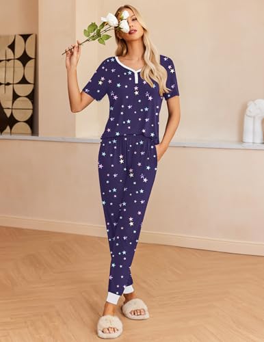 Image of Ekouaer Pajamas for Women Set 2 Piece Fall Lounge Sets Short Sleeve Pjs Joggers Long Pants Sleepwear with Pockets