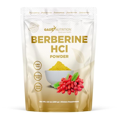 Gade Nutrition Berberine HCL Powder Concentrated Extract from Berberis aristata bark | 250g (8.8 oz) 500mg per Serving 500 Servings | Non-GMO Gluten-Free Dairy Free Vegan | USA Made