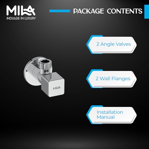 Image of Mila Square Brass Angle Valve with Wall Flange - Pack of 2 | Mirror Chrome Finish | Quarter Turn Cartridge | inch BSP Male Thread Inlet & Outlet | Durable, Leak-Proof, Multi-Purpose| 10-Year Warranty