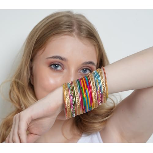 Touchstone Stunning Rainbow Multicolor Bangle Collection. Indian Bollywood Colorful Bangle Bracelet Set of 24 In Antique Gold Tone For Women.2