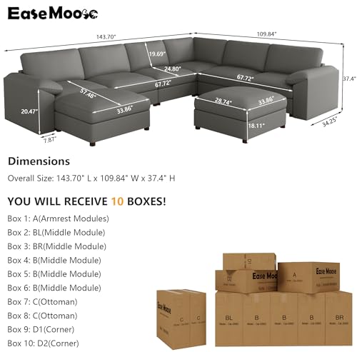 Image of EASE MOOSE Faux Leather Sectional Couch, Oversized Modular Sofa, Modern Comfy Modular Couch, Scratch Resistant Material Sofas, U Shaped Couch for Big Spaces, Grey